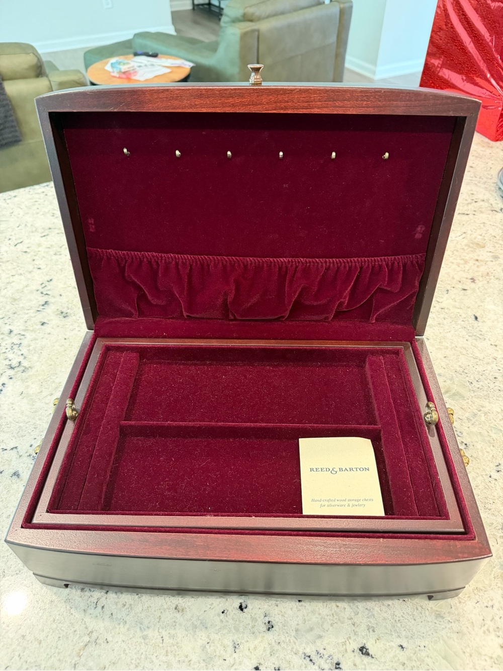VINTAGE  ***  Reed & Barton Jewelry Box in Deep Burgundy Velvet and Mahogany